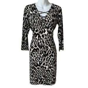 Calvin Klein Womens Leopard Sheath Dress Sz 6 Sheer Mob Wife Italian Glam Animal